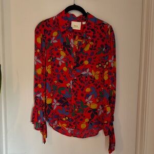 Red and Blue Notched Collar Blouse